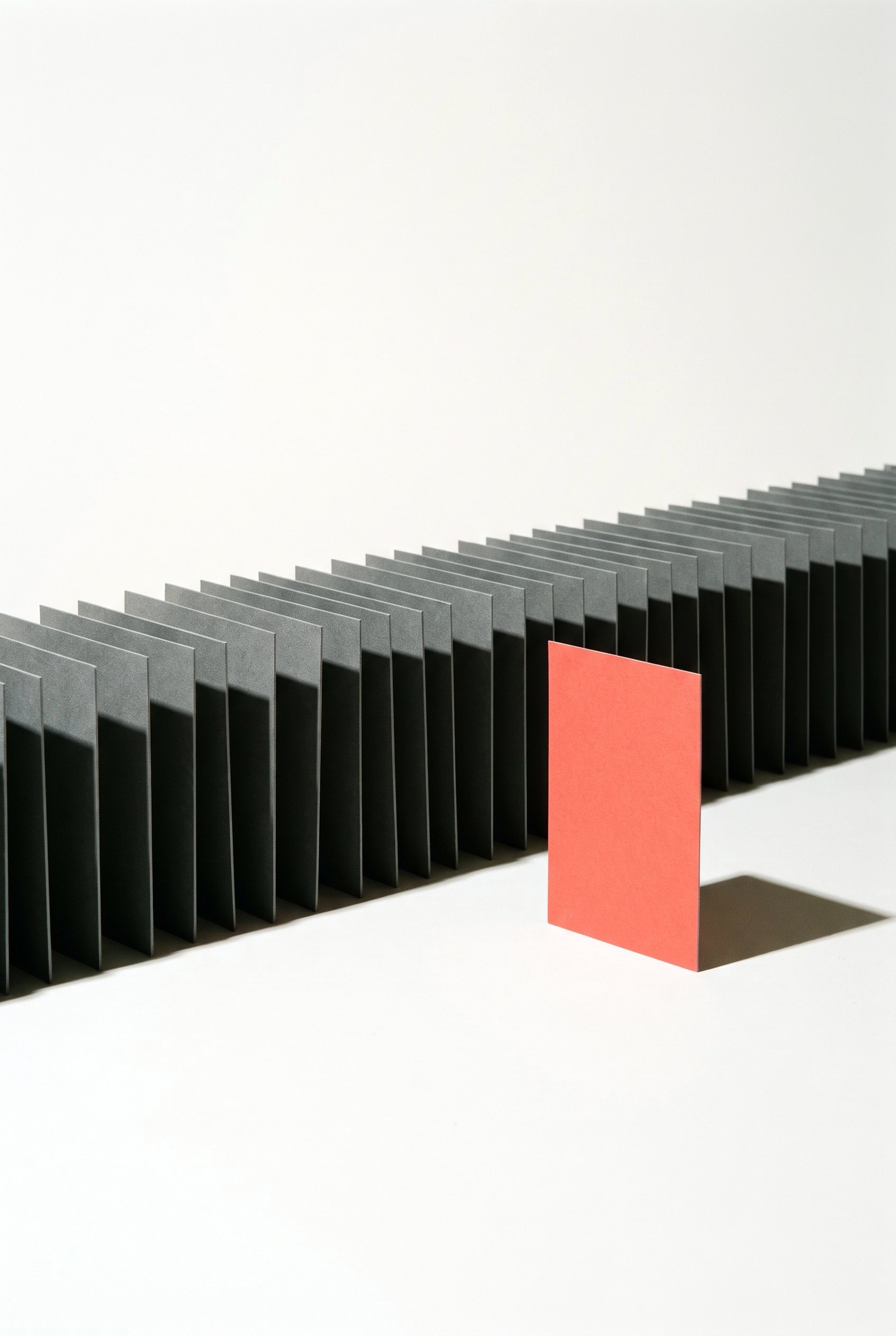 A tightly packed row of identical grey cards standing on edge, with one coral card drawn forward so it stands clear of the line.