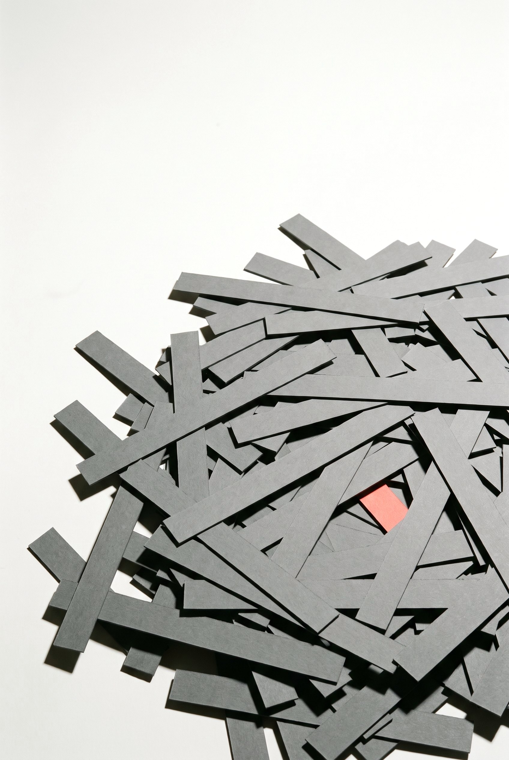 A chaotic heap of dozens of identical grey card strips overlapping at every angle, with one small coral strip almost buried among them.
